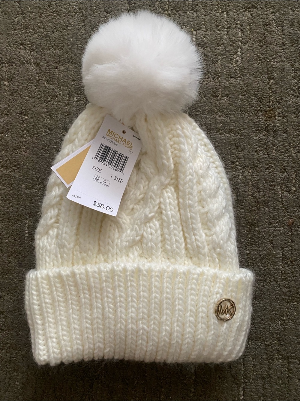 Michael Kors Women’s Ivory Cable-Knit Pom Pom Beanie